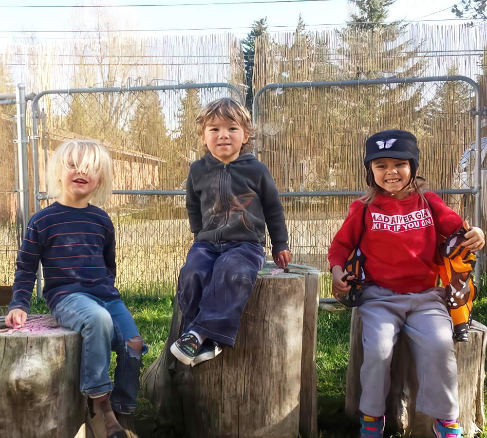 Three children sitting on wooden stumps outdoors, smiling and posing together, with a rustic background.