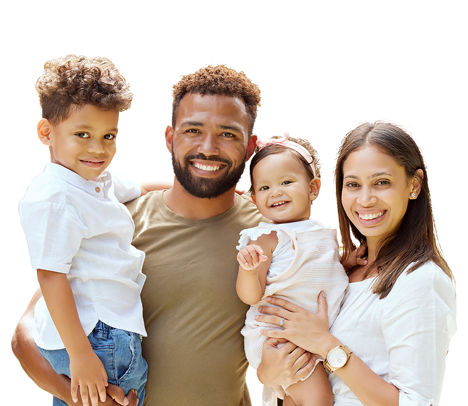 A cheerful family poses together against a vibrant purple background, showcasing their close bond and happiness.