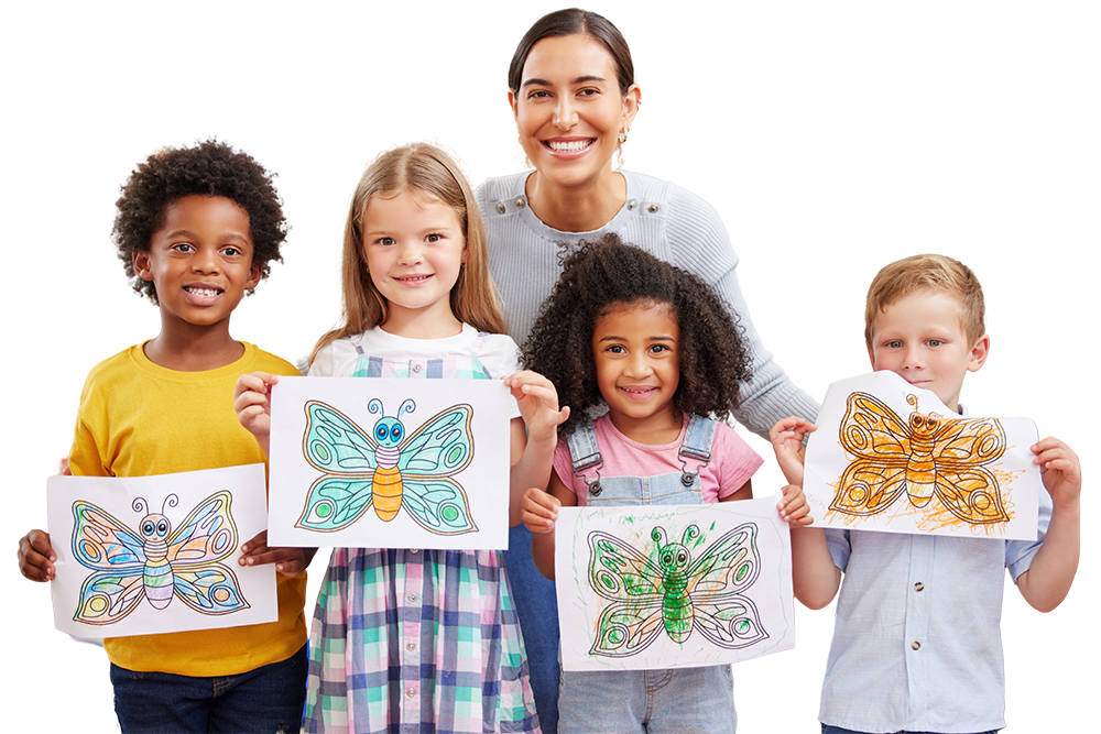 A group of children with teacher is proudly displaying their colorful art, smiling and celebrating their creativity.