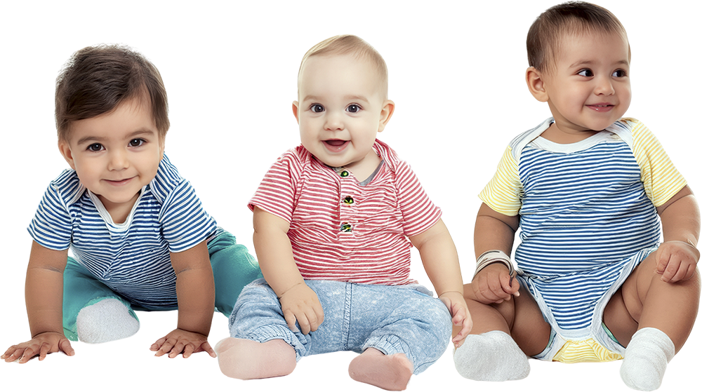 Three babies sitting together, each wearing cheerful outfits and smiling, radiating happiness and friendship.