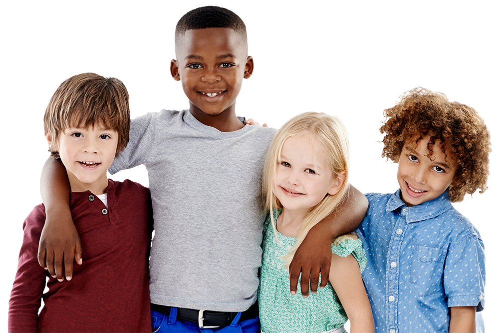 Four joyful children pose together, showing friendship.