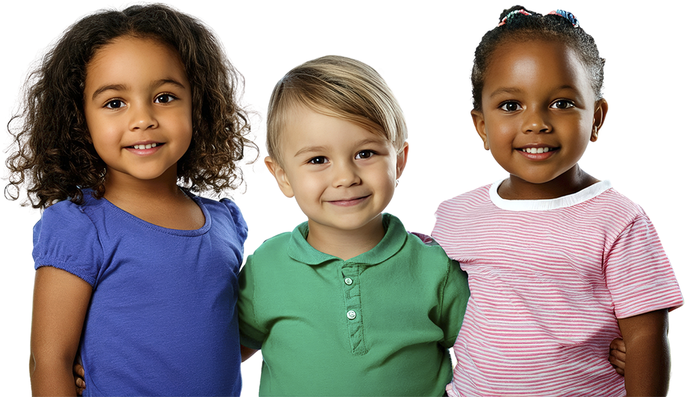 Three children are standing together in front of a colorful background, smiling and showcasing their friendship and joy.