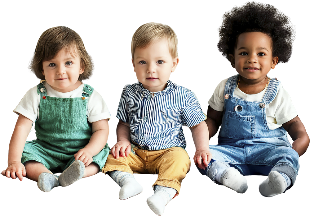 Three younger toddler are sitting together, smiling and wearing playful outfits, radiating joy and friendship