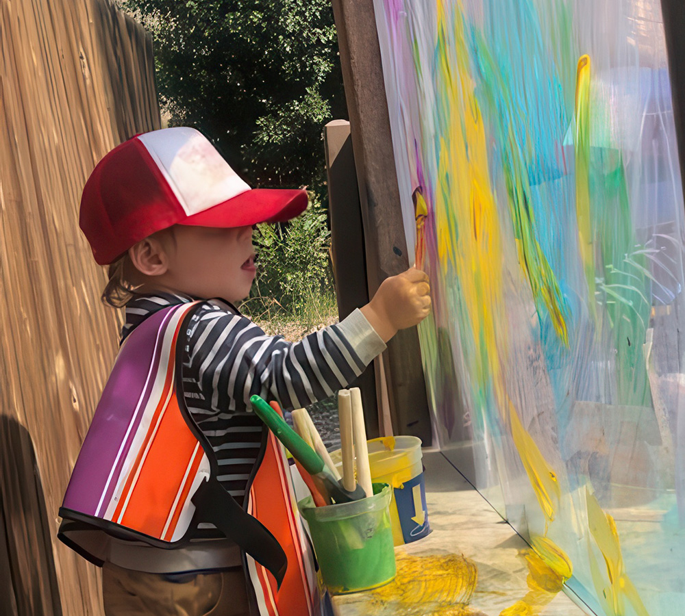 A young child is painting on a large surface outdoors, wearing a cap and apron, fully immersed in their creative activity.